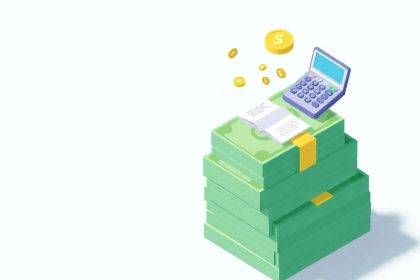 Isometric cash stack with floating financial elements.