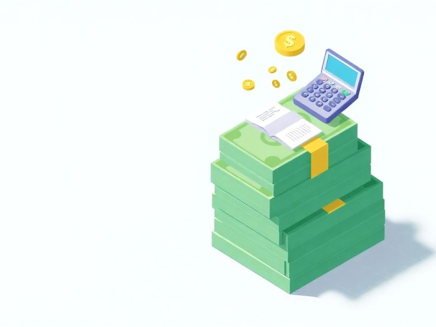 Isometric cash stack with floating financial elements.