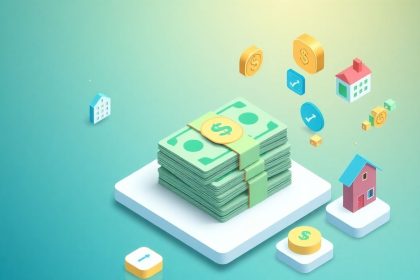 Isometric cash stack with floating financial elements.