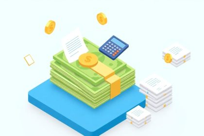 Isometric image of cash with financial elements around.