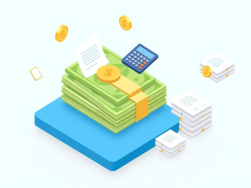 Isometric image of cash with financial elements around.