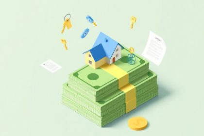 Isometric cash stack with house and key elements.