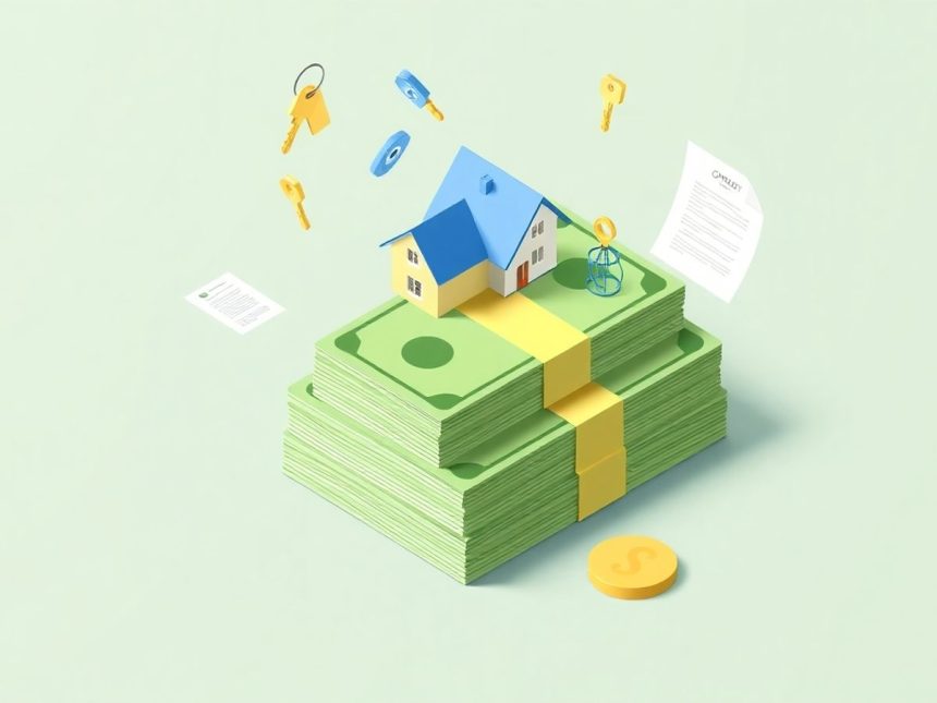 Isometric cash stack with house and key elements.