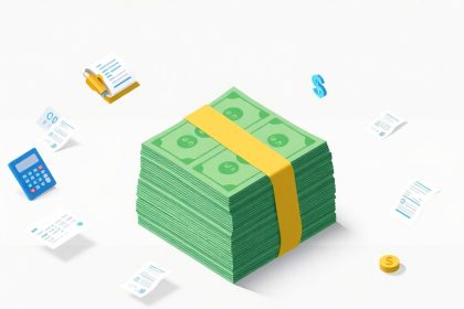 Isometric cash stack with floating tax-related elements.