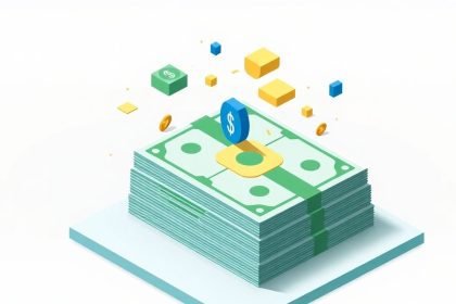 Isometric cash stack with floating geometric elements.