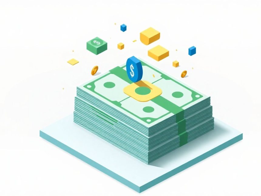 Isometric cash stack with floating geometric elements.