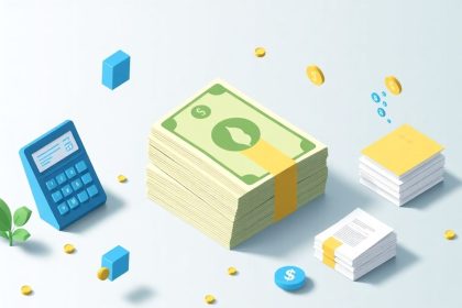 Isometric cash stack with floating tax-related elements.