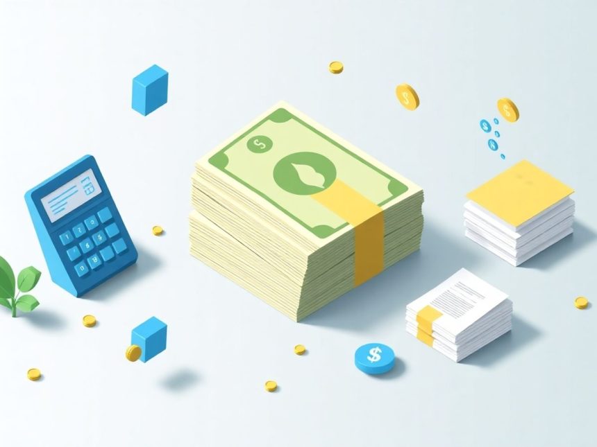 Isometric cash stack with floating tax-related elements.