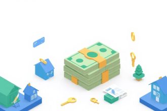 Isometric image of cash, house, and loan elements.