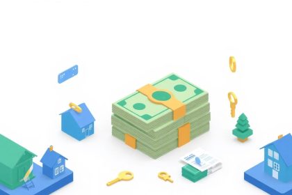 Isometric image of cash, house, and loan elements.