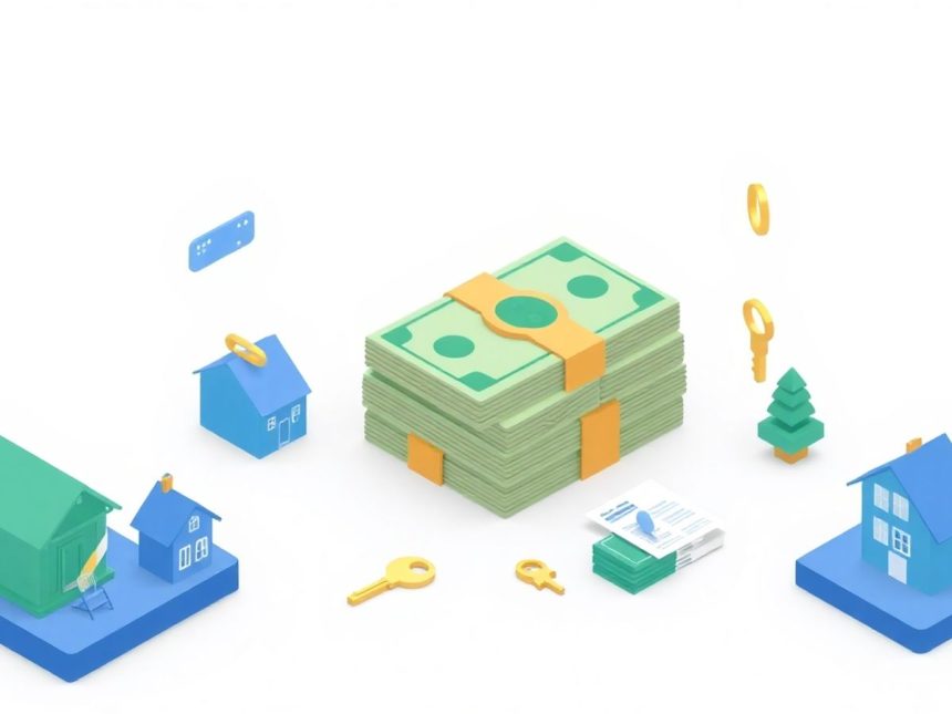 Isometric image of cash, house, and loan elements.