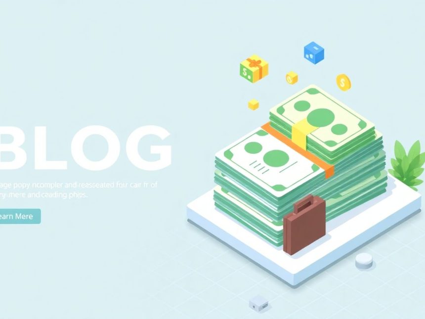 Isometric cash stack with floating business elements.