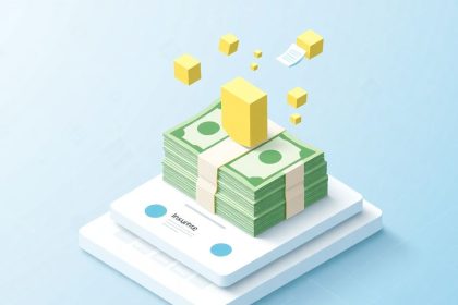 Isometric cash stack with floating financial elements.