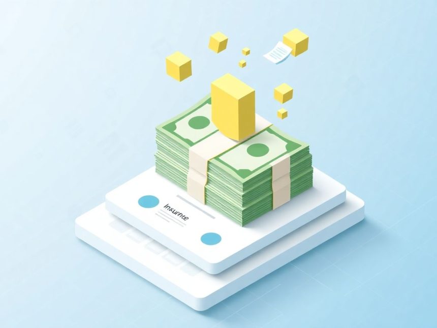 Isometric cash stack with floating financial elements.