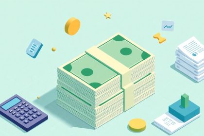 Isometric cash stack with floating financial elements.