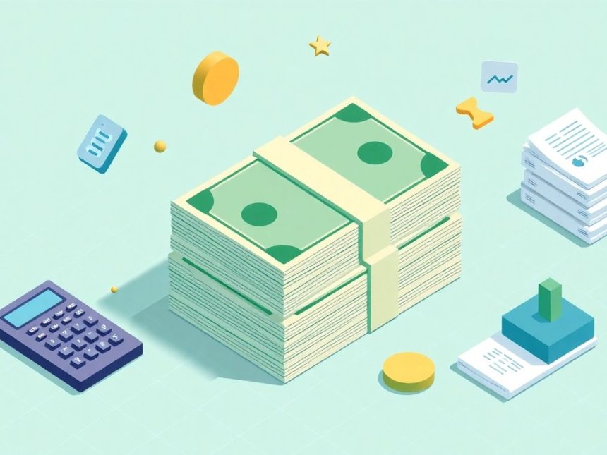 Isometric cash stack with floating financial elements.