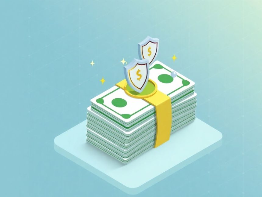 Isometric cash stack with shield icons for insurance.