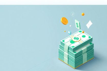 Isometric cash stack with floating financial elements.