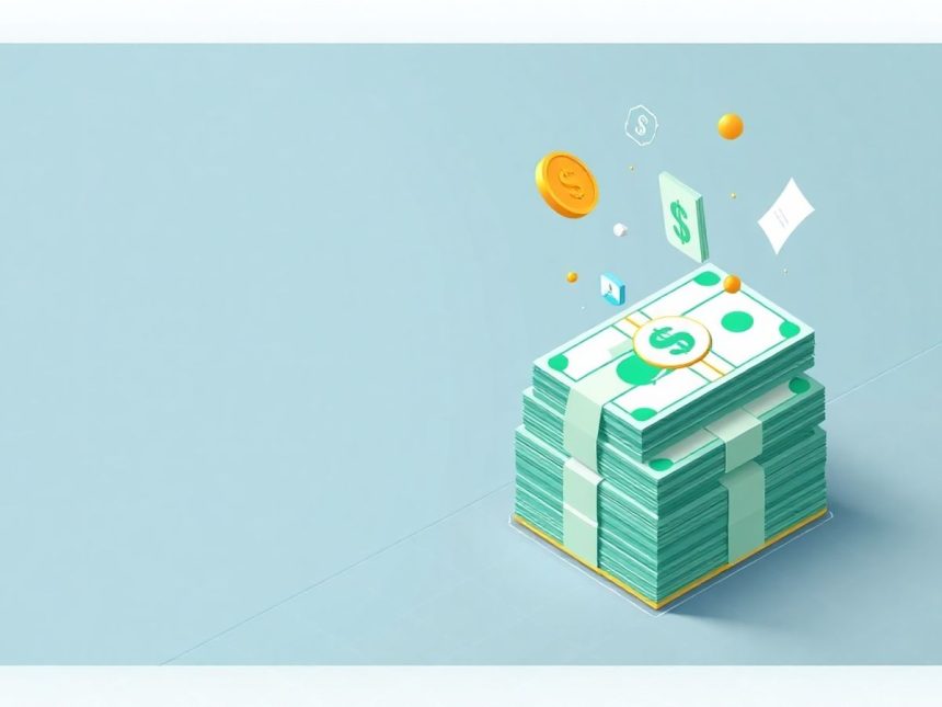 Isometric cash stack with floating financial elements.