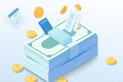 Isometric cash stack with tax-related floating elements.