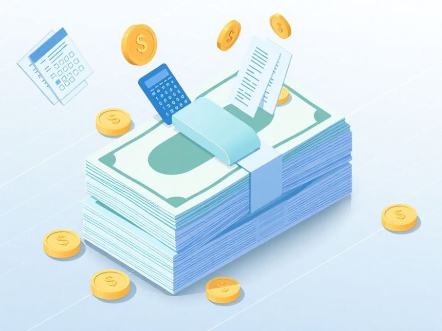 Isometric cash stack with tax-related floating elements.