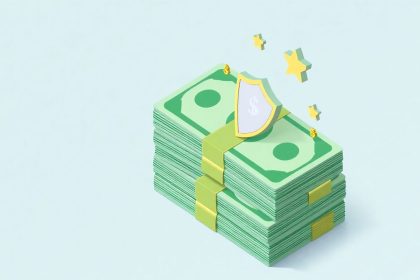 Isometric blog header with cash and insurance icons.