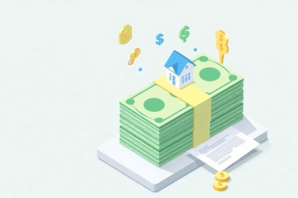 Isometric cash stack with floating house and key symbols.