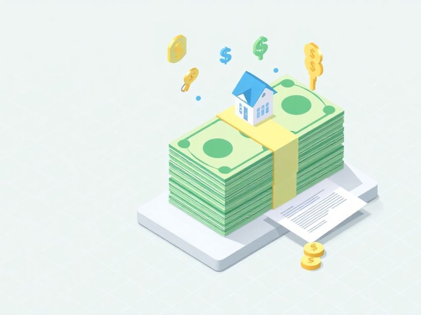 Isometric cash stack with floating house and key symbols.