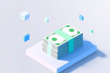 Isometric cash stack with geometric shapes and elements.