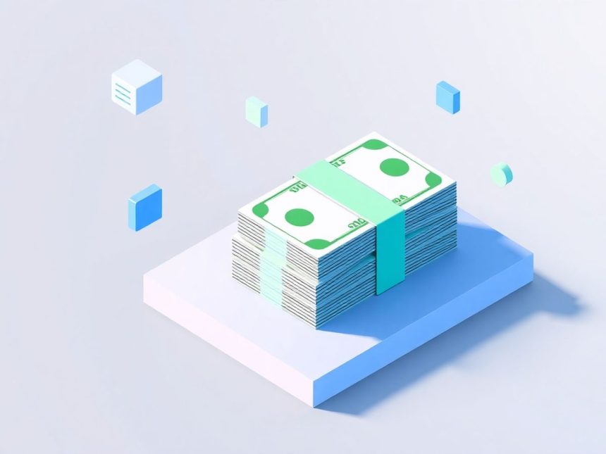 Isometric cash stack with geometric shapes and elements.