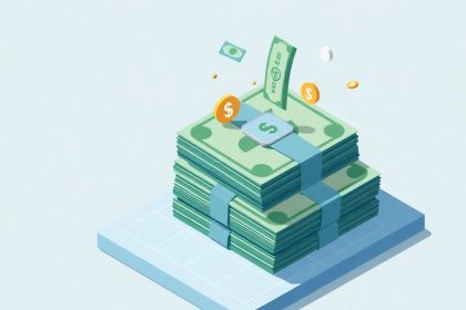 Isometric cash stack with floating tax-related elements.