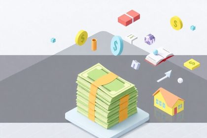 Isometric cash stack with floating financial elements.