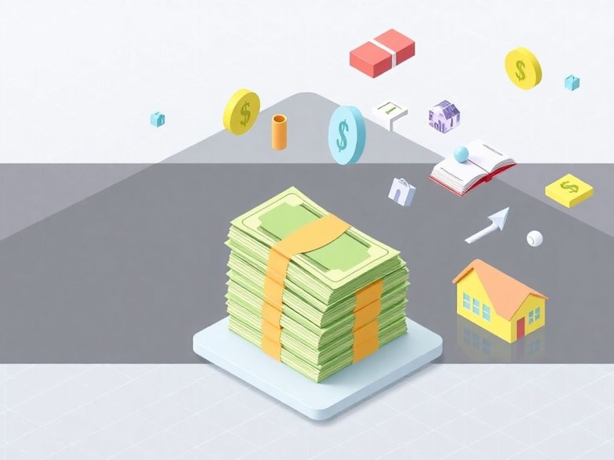 Isometric cash stack with floating financial elements.