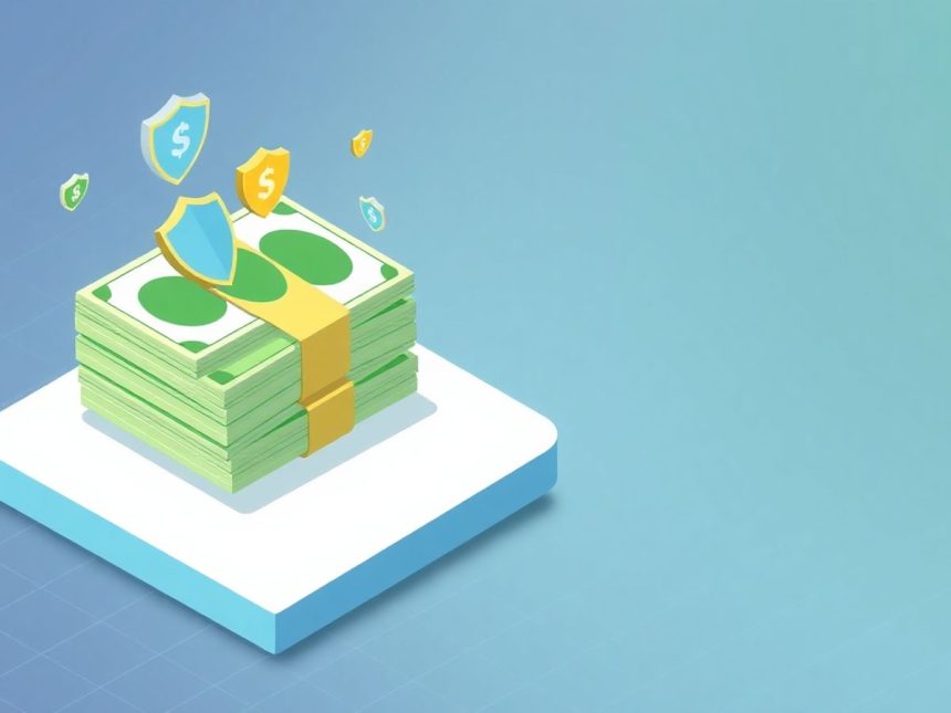 Isometric cash stack with floating shield icons and safety net.