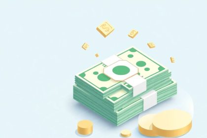 Isometric cash stack with floating elements and grid background.