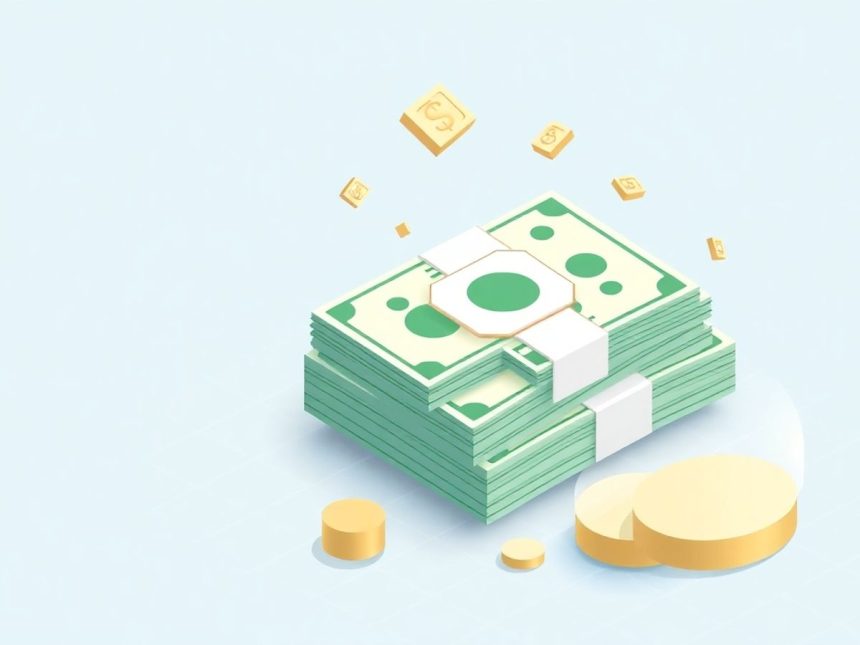 Isometric cash stack with floating elements and grid background.