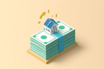 Isometric cash stack with floating financial elements.