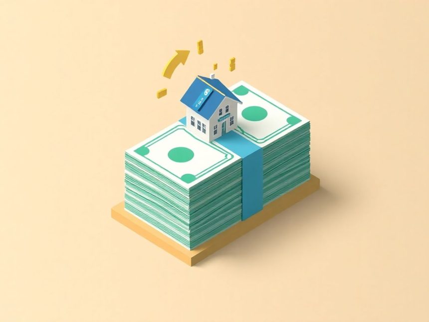 Isometric cash stack with floating financial elements.