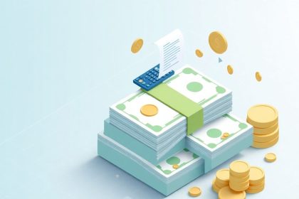 Isometric cash stack with floating financial elements.