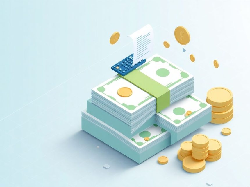 Isometric cash stack with floating financial elements.