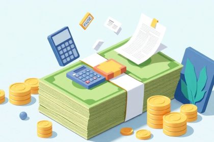 Isometric cash stack with tax-related floating elements.