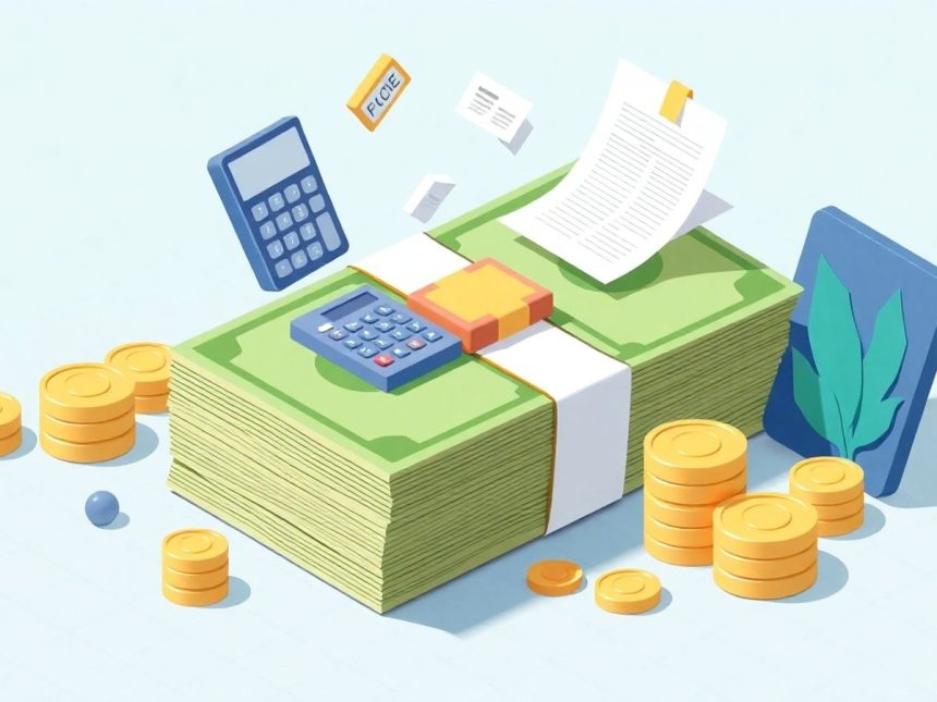 Isometric cash stack with tax-related floating elements.