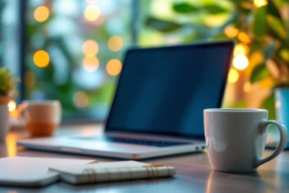 A cozy workspace with a laptop and coffee.