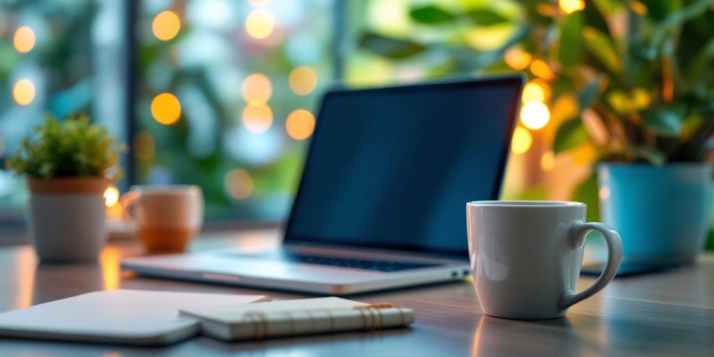 A cozy workspace with a laptop and coffee.