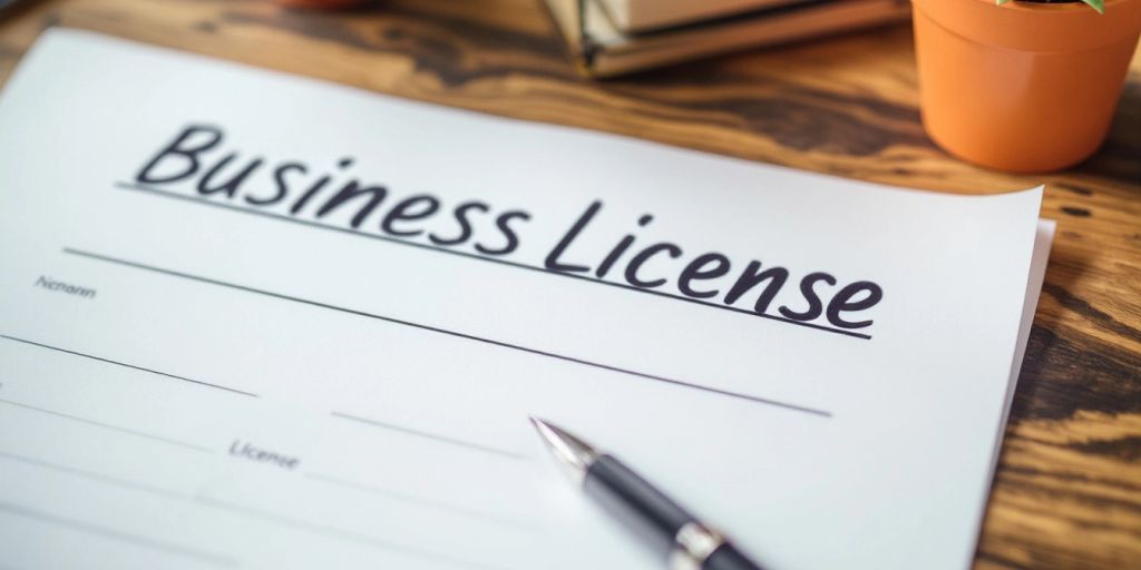 Business license document on a desk with a pen.