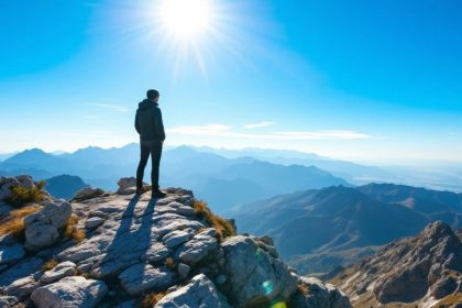 Person on mountain peak looking at landscape under blue sky.