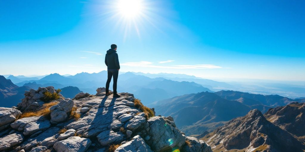 Person on mountain peak looking at landscape under blue sky.