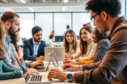 Professionals collaborating in a modern office on HR software.