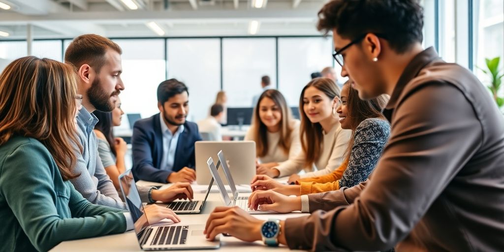 Professionals collaborating in a modern office on HR software.