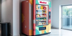 Vending machine with snacks and drinks in bright space.